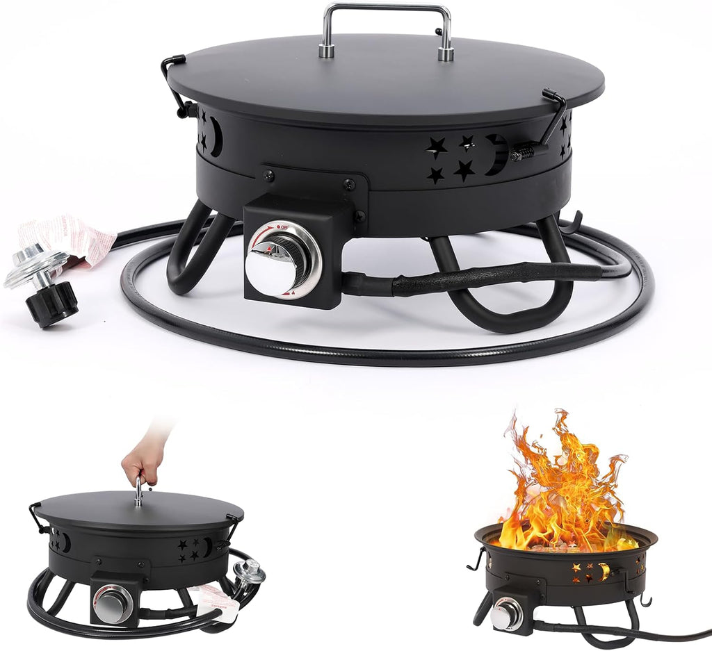 Portable 17 inch Propane Fire Pit 58000 BTU Smokeless Gas Fire Bowl with Adjustable Flame,Cover Carry Kit,CSA Certified for Camping,Patio,Backyard,RV&Tailgating-Includes Hose&Lava Rocks