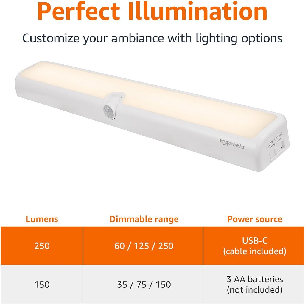 Amazon Basics LED USB/Battery Operated Light Bar, Swivel Motion Sensor, Stick on Lights, 250 Lumens, 12 Inches, Under Cabinet Lighting, Closet, Kitchen, 2 Pack, White