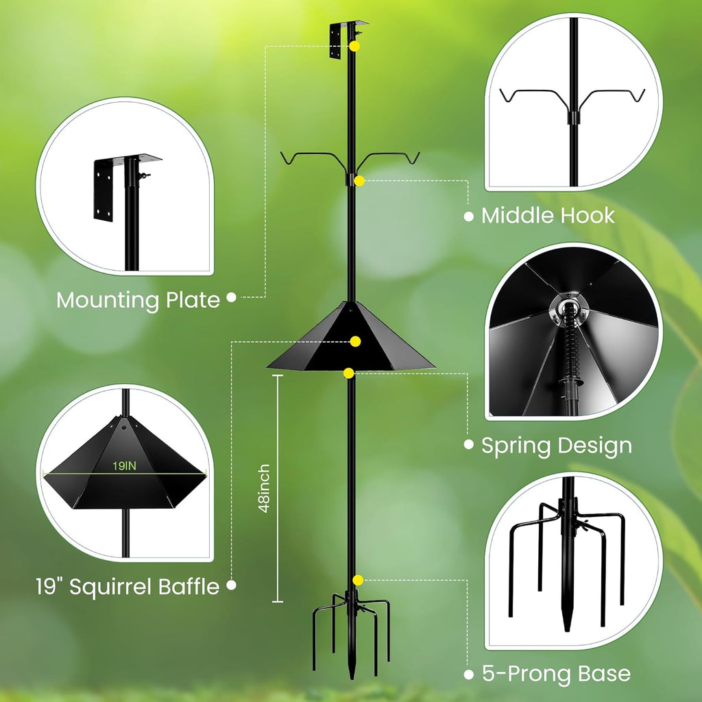 Bird Feeder Pole, 79 Inch Heavy Duty Bird House Pole Mount Kit for Outdoors, Adjustable Feeding Stand, with 2-Hooks, Metal Squirrel Baffle and 5-Prong Base, Black