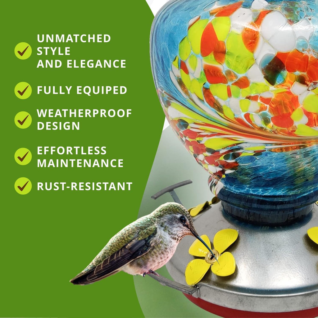 Nature Gear Hummingbird Feeder, Hanging-Mount Glass Hummingbird Feeders for Outdoors, Hand-Blown Glass Feeder with Ant Moat for Garden Hummingbirds, Easy to Clean & Rust Resistant, Blue Burst