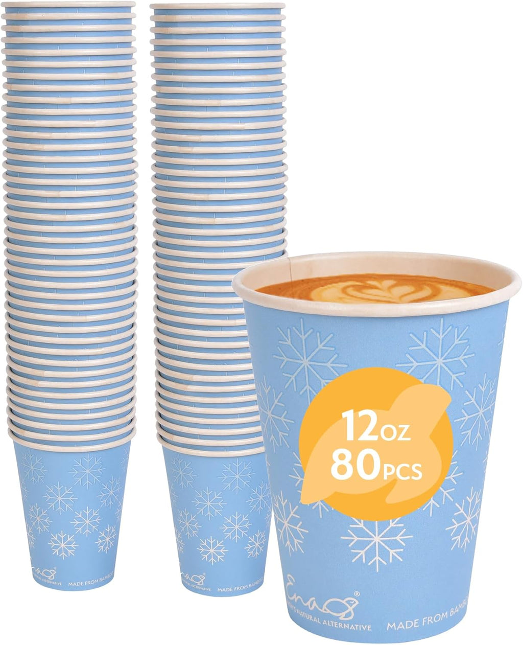 100% Compostable Disposable Coffee Cups [12oz (355ml) 80 Pack, Winter Blue] Paper Cups Made from Bamboo, Eco-Friendly, Biodegradable Premium Party Cups by Earth's Natural Alternative