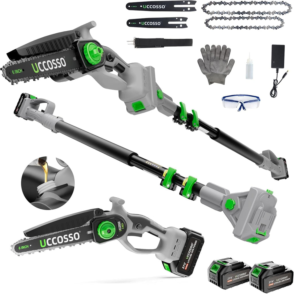 3-in-1 Electric Pole Saws for Tree Trimming 6&8" Mini Chainsaw Cordless with Extension Pole, 850W Brushless Motor,Auto Oiling,Total Reach of Max 15ft, Pole Saw for Home & Garden & DIY