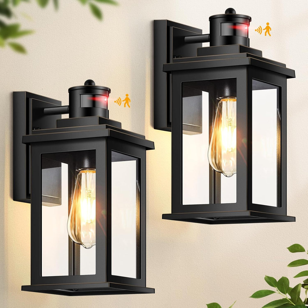 VIANIS 2 Packs Motion Sensor Outdoor Lights for House, Dusk to Dawn Front Porch Light, Black Gold Outdoor Light Fixture Sconce with Tempered Glass for House, Doorway, Entryway,Hardwired, Non-Solar