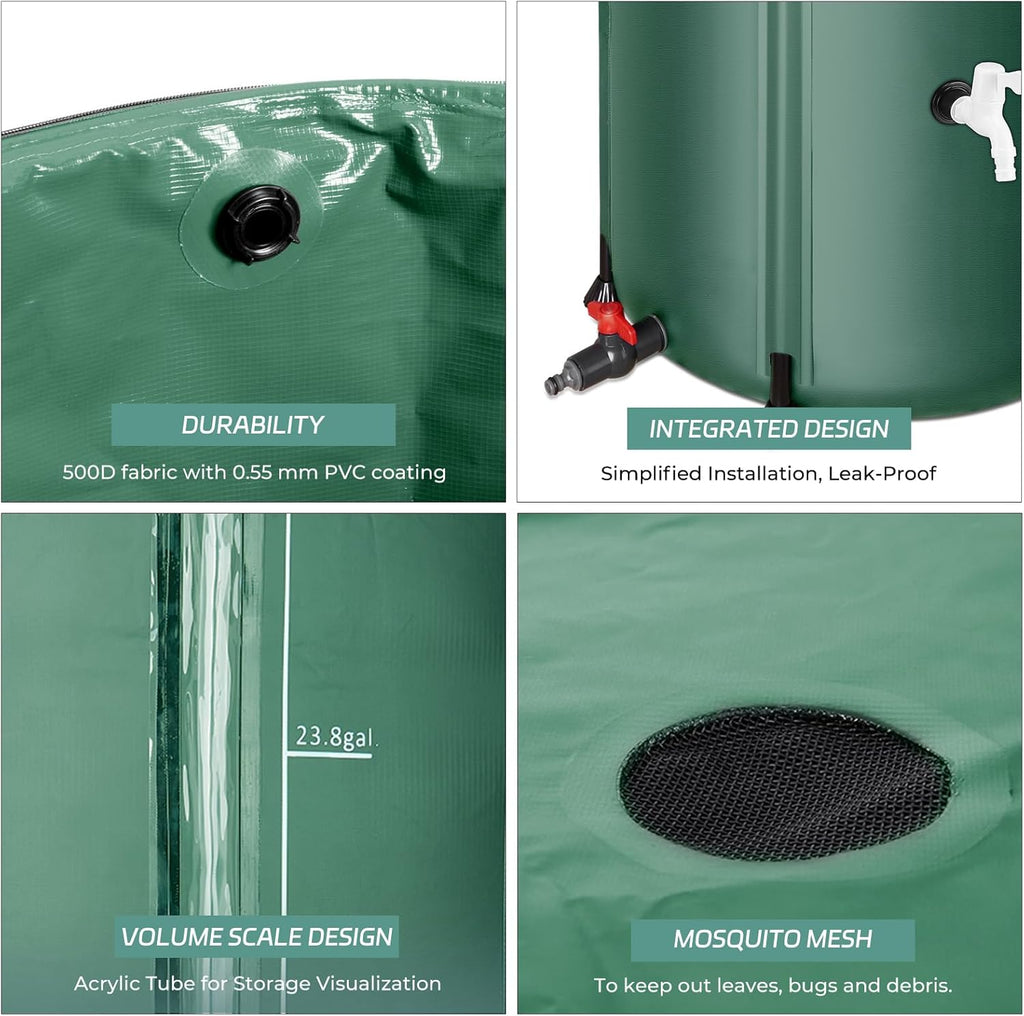 Rain Barrels to Collect Rainwater from Gutter - Portable Water Storage Tank Water Barrel Rainwater Collection System Rain Catcher Include Filter Two Spigots and Overflow Kit (66 Gallon, Green)