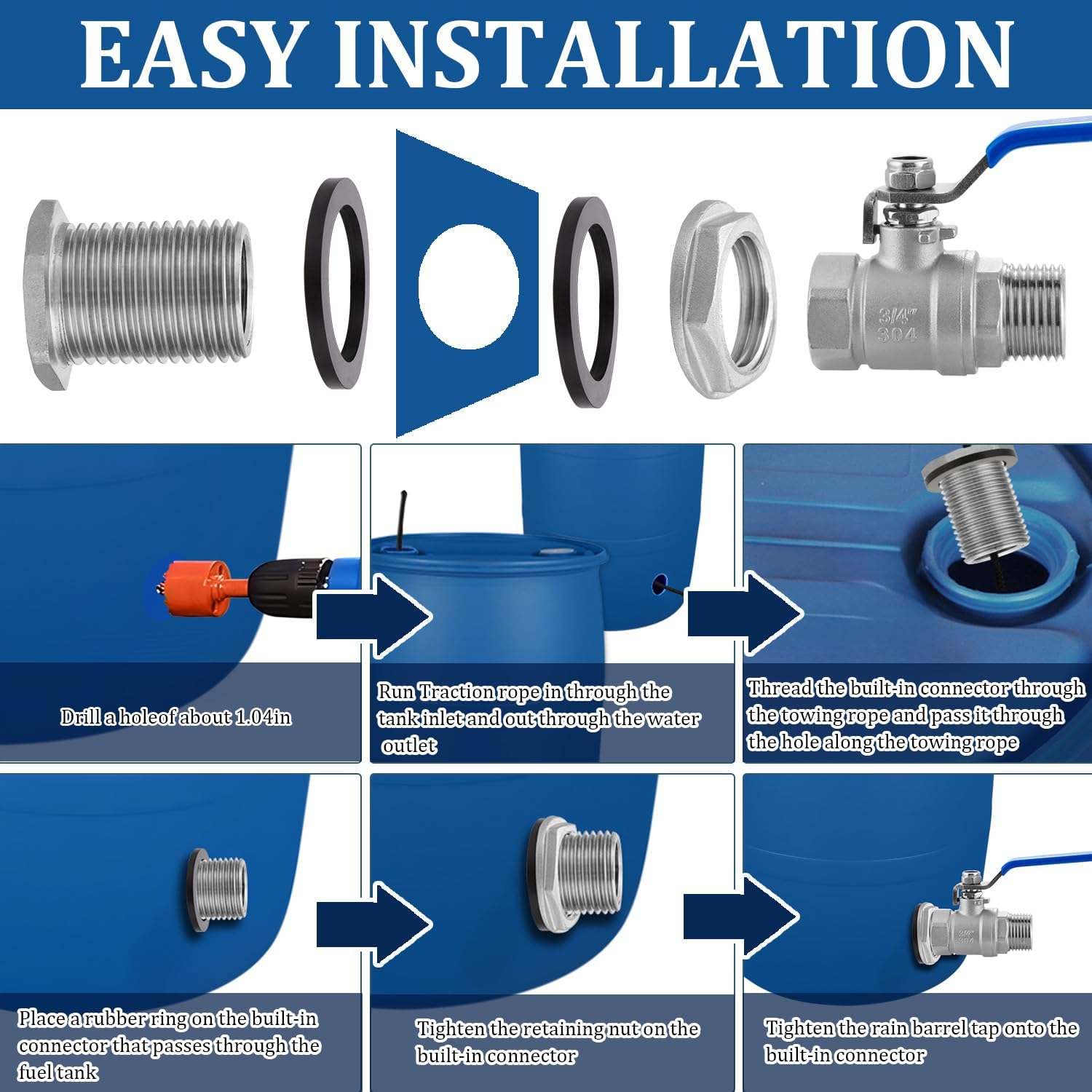 Rain Barrel Spigot Kit, 3/4"GHT Rain Barrel Ball Valve Quarter Turn with Bulkhead Fitting, Lead-free 304 Stainless Steel High Flow Spigot for Water Barrel