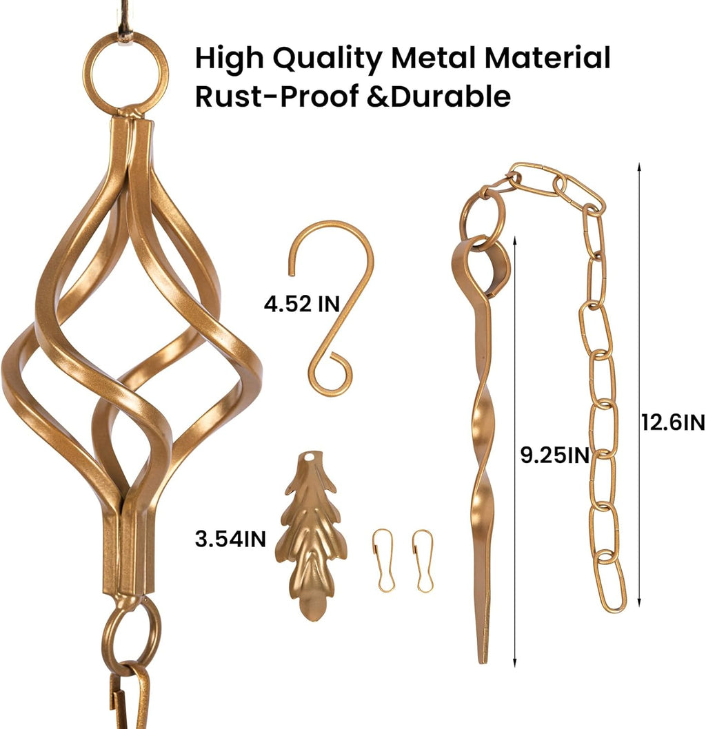 Rain Chain Bird Cage Set 8.5Ft, Not Rust Wrought Iron Rain Chains for Gutters with Adapter Gotta Drain and Rain Sturdy Anchoring Stake,13 Birdcage, 1 Hook, Adjustable Length for Garden (Gold)
