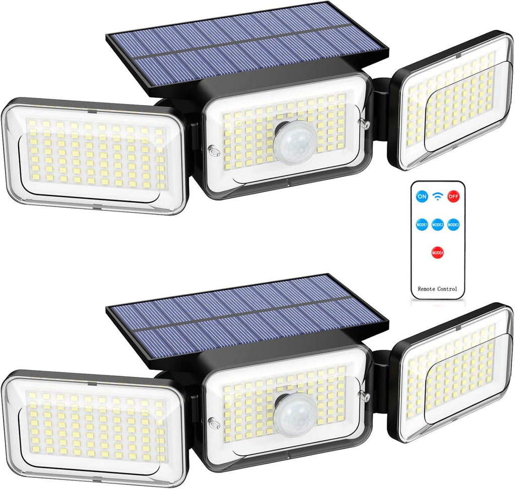 Solar Lights Outdoor Waterproof, Motion Sensor & Flood Outdoor Lights with Remote Control, 4 Adjustable Modes, 3000LM & 218 LED, High-Energy-Density Solar Panel-Monocrystalline Technology, 2 Pack