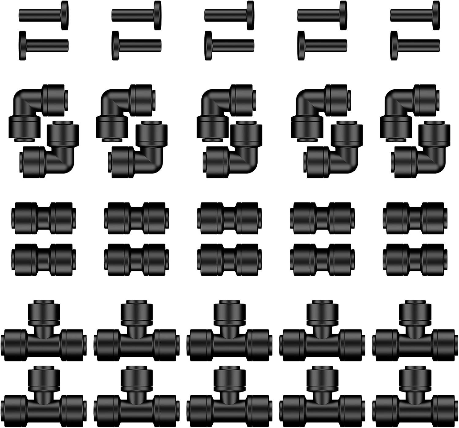 Pawfly 40 Pcs Quick Connect Drip Irrigation Fittings Kit for 1/4" Tubing, Push-to-Fit Drip Line Connectors Set with 10 Tees, 10 Couplings, 10 Elbows & 10 End Plugs, Anti-Leak Drip Irrigation Parts