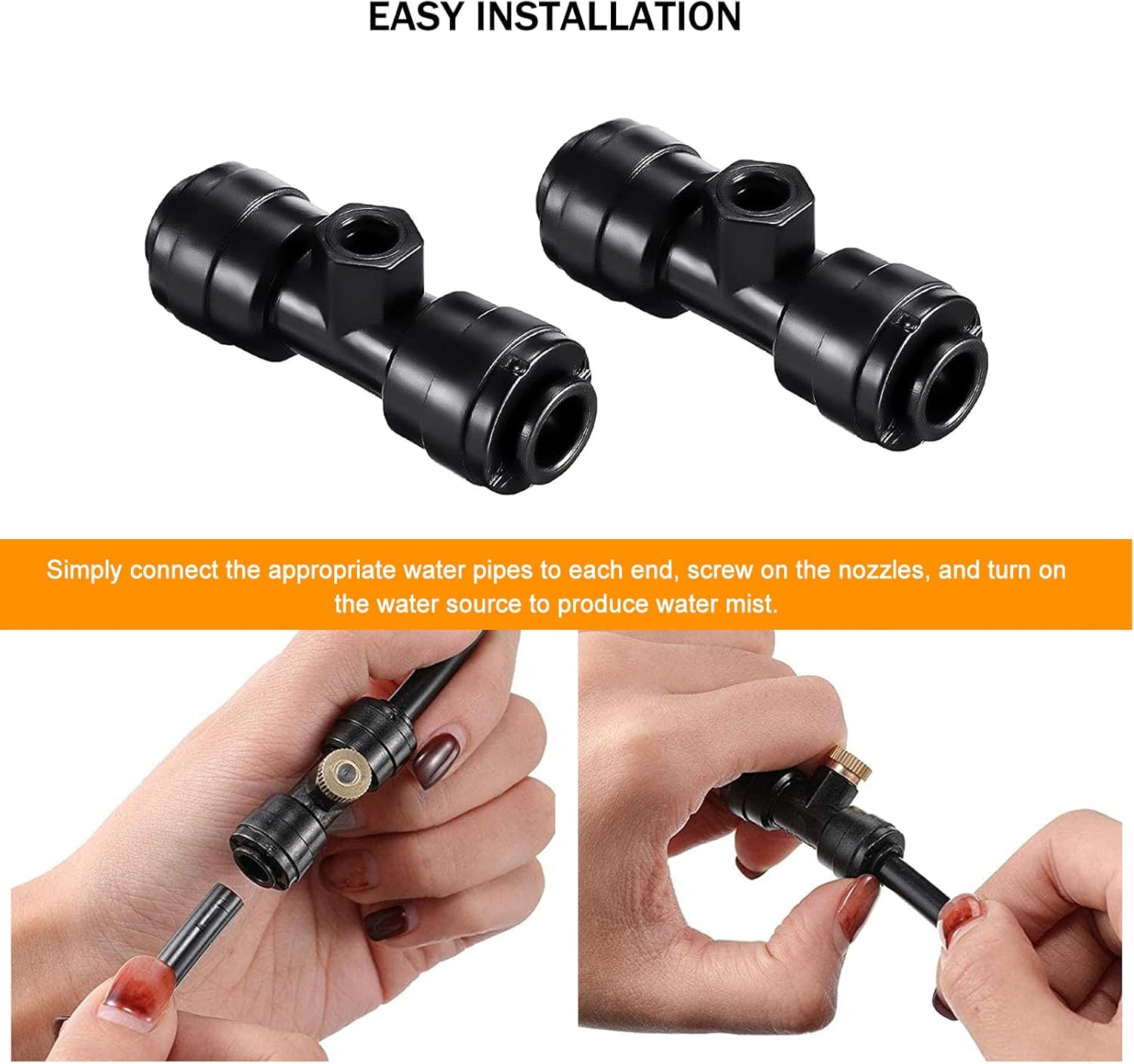 Brass & Black Misting Nozzles Kit - 20pcs Mister Nozzles & Tees with 2pcs Plugs for 1/4" Tubing and Outdoor Patio System
