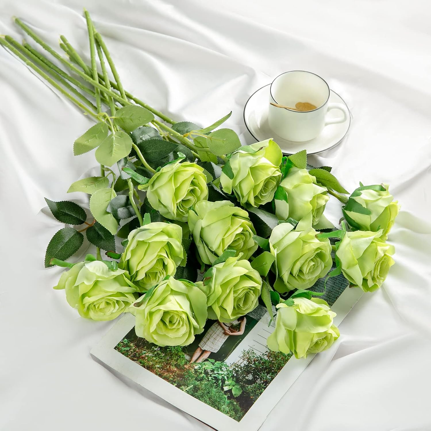 Hawesome 12PCS Artificial Silk Flowers Realistic Roses Bouquet Long Stem for Home Wedding Decoration Party (Green)
