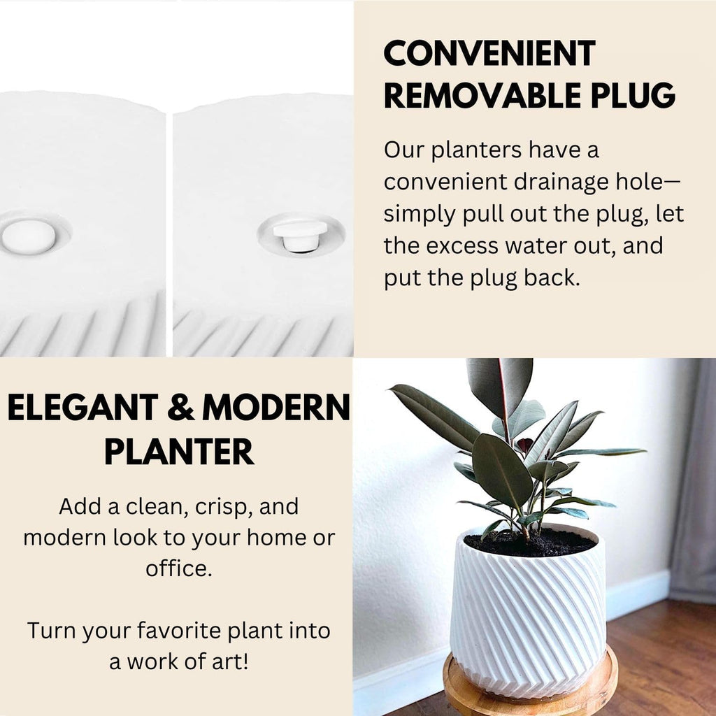 Fox & Fern 10 Inch Plant Pot with Drainage Plug — Premium Polystone White Plant Pot; Modern Planter with 3D Texture and Ceramic Finish; 10 Inch Pots for Plants Indoor & Outdoor