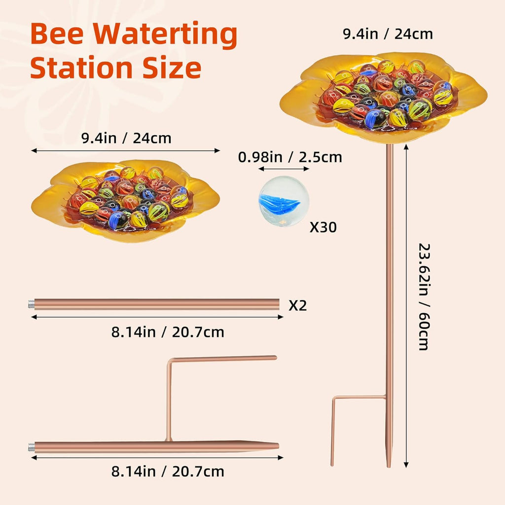 Bee Watering Station-Golden Butterfly Puddler Bee Bath & Feeder with Metal Stakes - 30 Glass Marbles, Vivid Flower Design, Garden Yard Decor (Golden-1PACK)