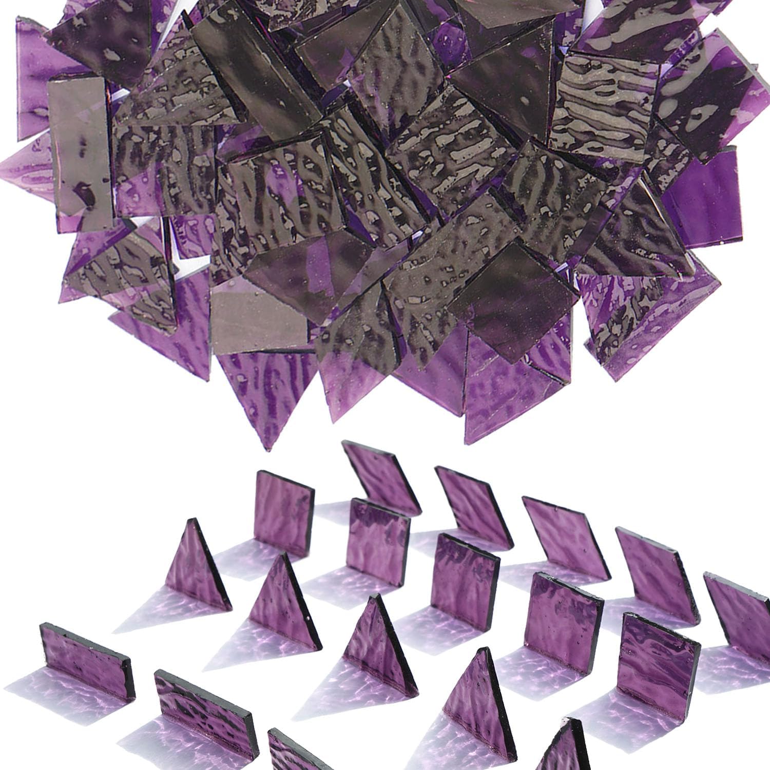 200G Oversize Transparent Glass Mosaic Tiles for Crafts, 4 Shapes Textured Cathedral Stained Glass Mosaic Pieces for Mosaic Art Decor, Violet Purple