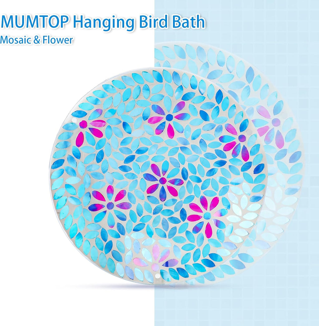 MUMTOP Mosaic Hanging Bird Bath-Bird Baths for Outdoors - 12 Inch Glass Bird Water Bowl Bird Feeders for Outside, Garden, Lawn Yard Decor（Blue）