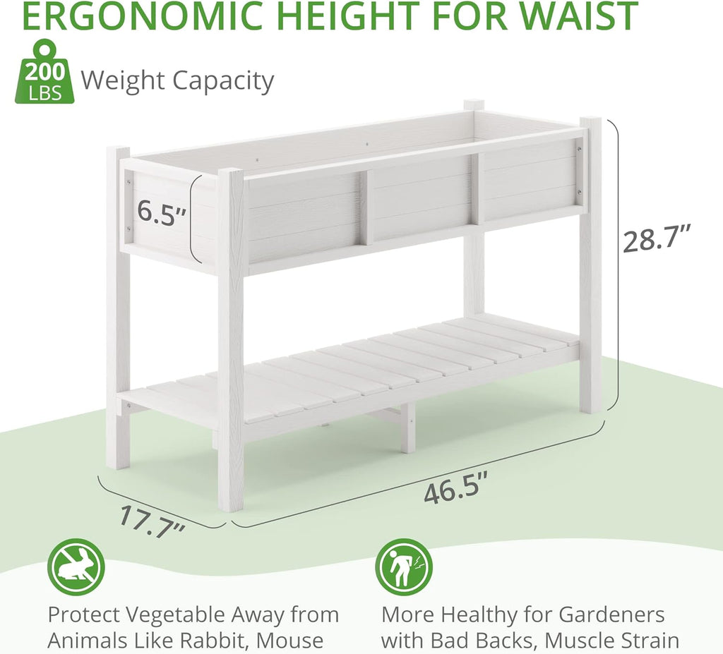 LUE BONA Raised Garden Bed with Tools, 47*18*29 in, Poly Elevated Planter Box with Legs And Storage Shelf, Weather Resistant, 3-Year Warranty, Standing Growing Bed Herb Planter for Vegetable, White