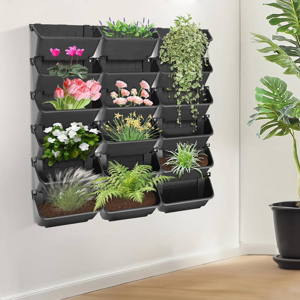 18 Pack Self Watering Wall Mounted Planter, Indoor and Outdoor Vertical Planter Wall Mounted Planter for Patio Outdoor Decor with Drainage Holes, Vertical Garden Planters for Indoor Plants- Black