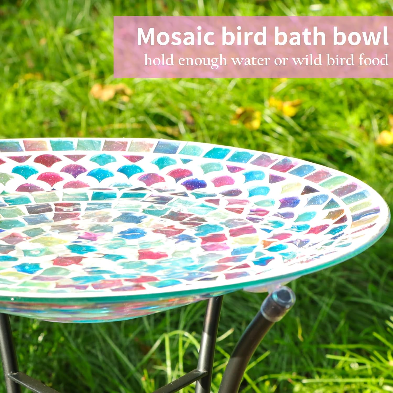 VCUTEKA Bird Baths for Outdoors, Mosaic Bird Bath with Metal Standing for Garden, Yards Patio Décor, Bird Lovers Gift, Glass Birdbath Detachable (20" H * 14" W)
