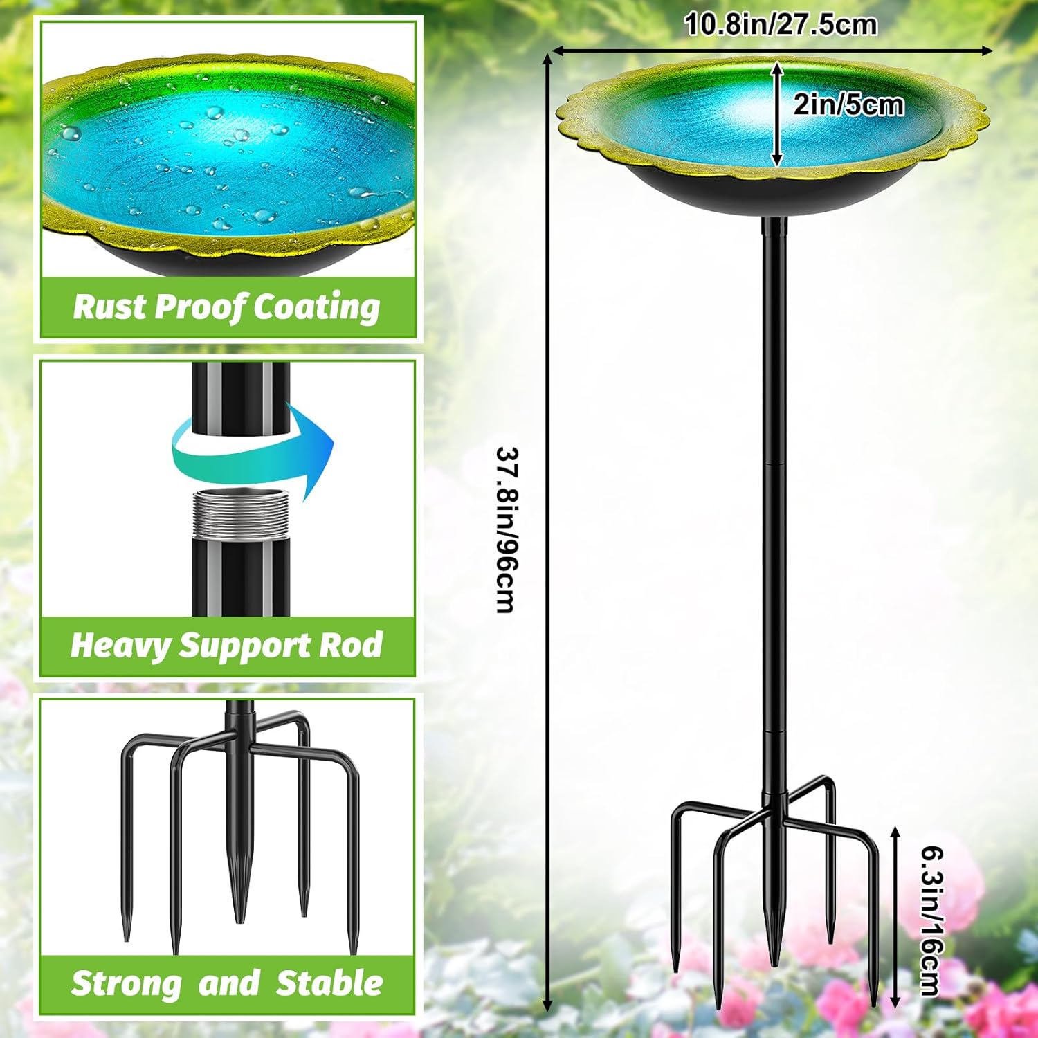 38In Bird Bath for Outside, Metal Birdbath Bowl Decorated Metal with 5 Prong Base Stand Outdoor Bird Baths Bird Feeder Garden Decor Yard Art (Blue-Green)