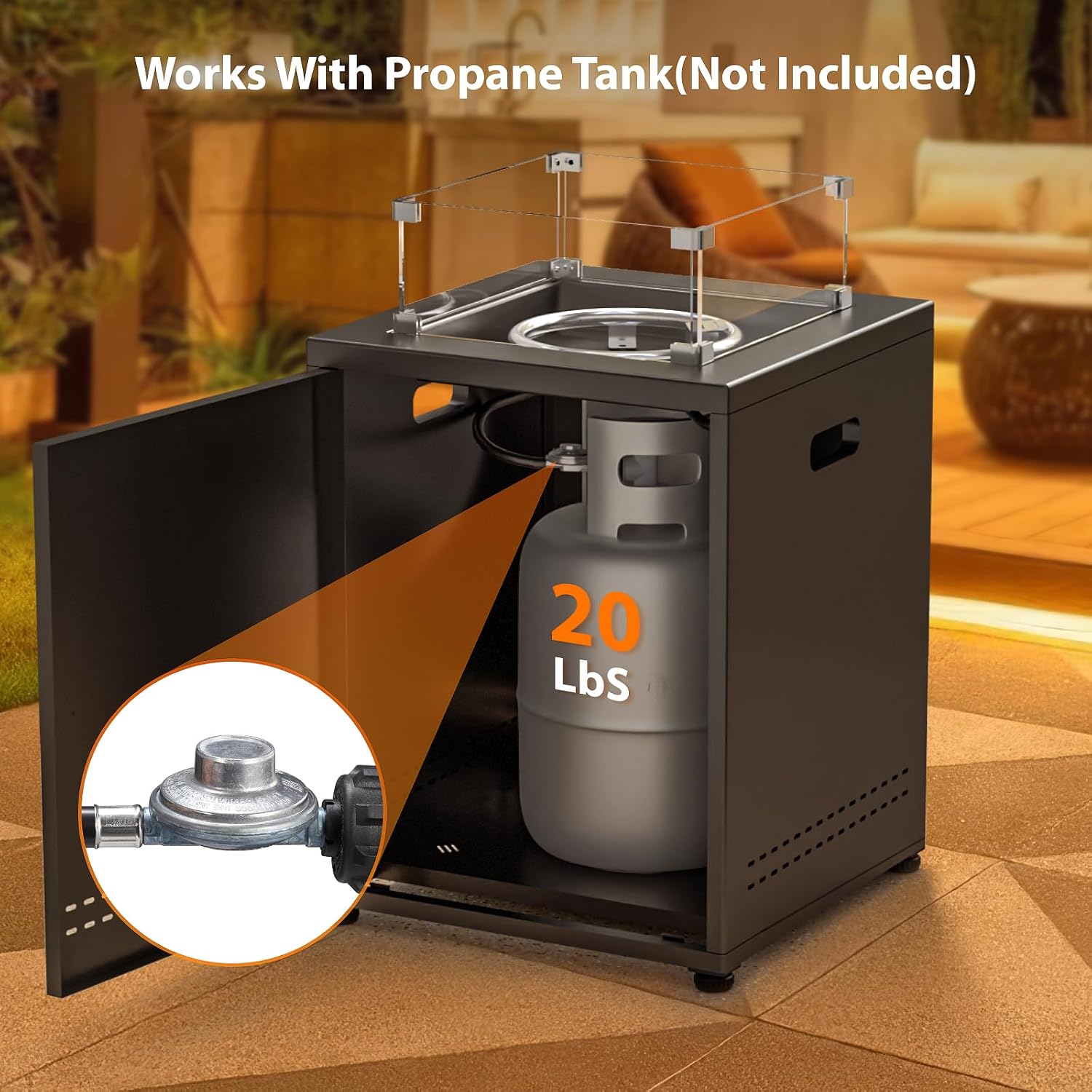 Fire Pit Table Propane Smokeless Fire Pit Outside Heater Patio with Lava Rocks，Glass Wind Guard and Cover,20" Square Fire Pit Table for Balcony Garden Outdoor Camping Deck Backyard,Black