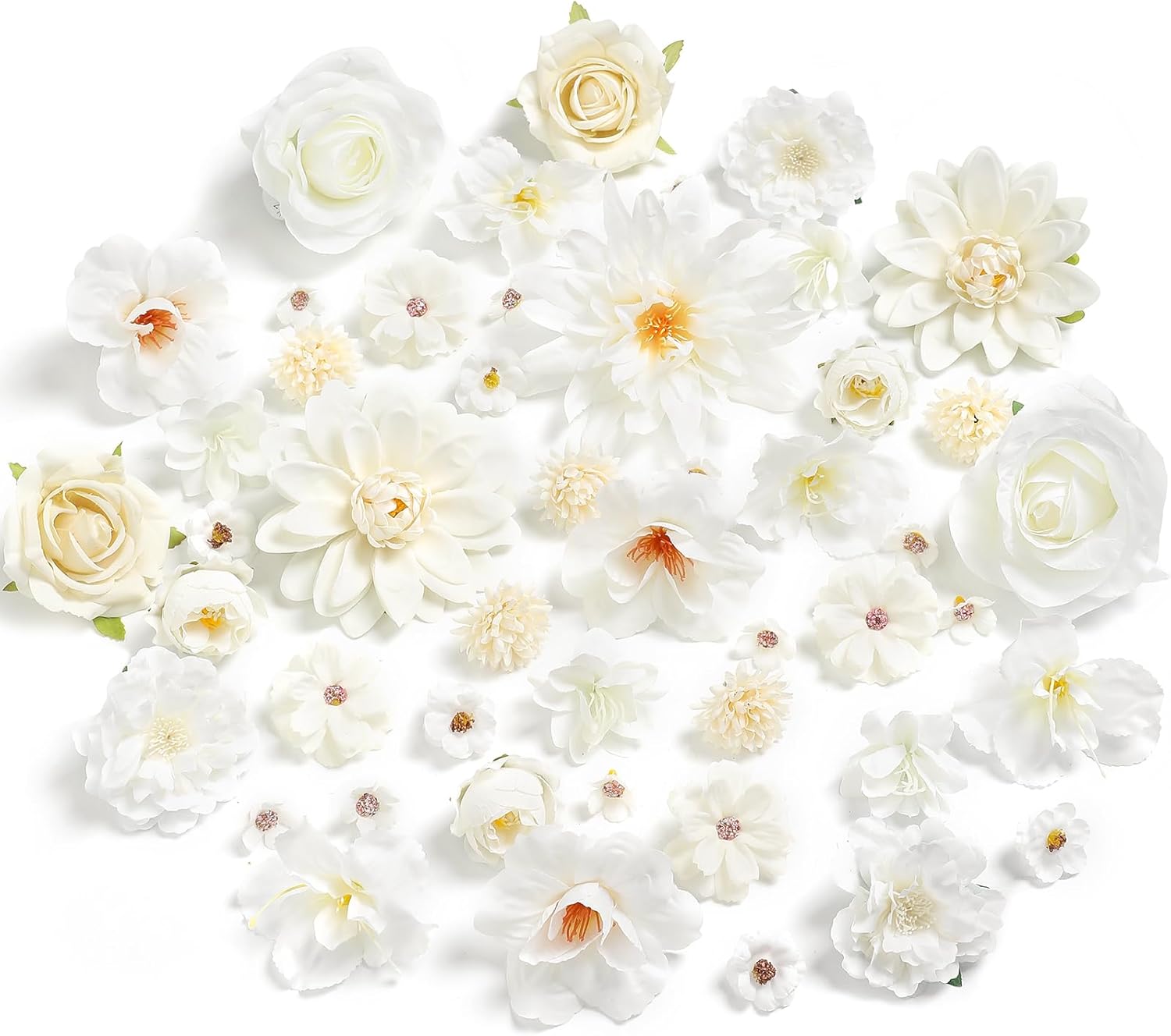 YYHUAWU Fake Flower Heads Mini White Artificial Flower Faux Dahlia Rose Flowers Multicolor Silk Daisy Flower Heads for Craft Garland Wedding Bridal Baby Shower Home Party Decoration DIY Cake Decor