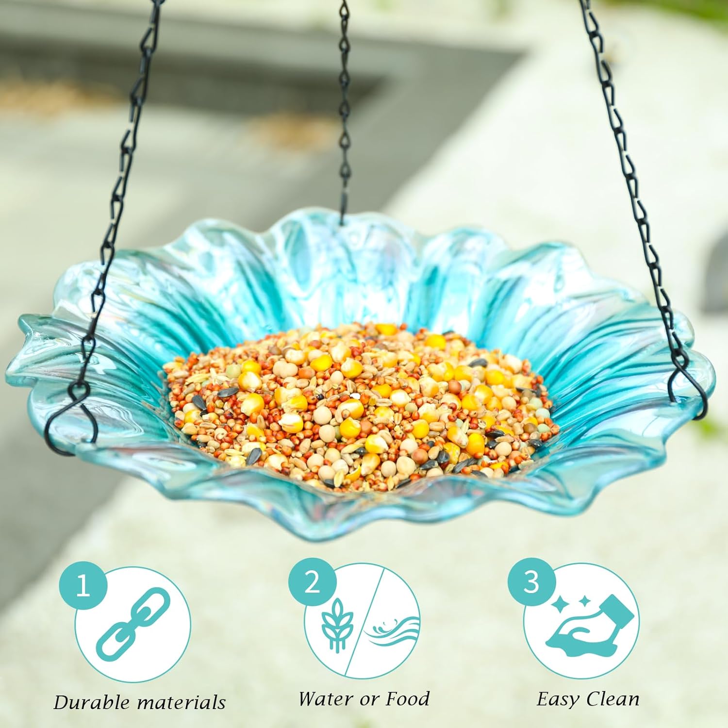 VCUTEKA Bird Bath, Glass Hanging Bird Baths for Outdoors Birdfeeder with 21 inch Rust-Proof Chain for Garden Yard Decor, Blue Daisy