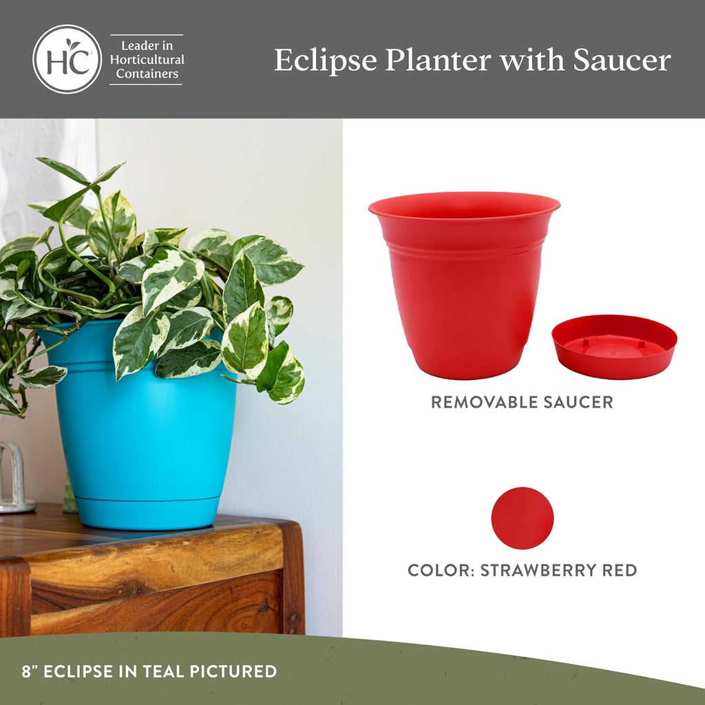 The HC Companies Eclipse Round Planter with Saucer - Outdoor & Indoor Plant Pot with Drainage Holes - Lightweight, UV-Resistant Plastic Pots for Plants, Flowers & Herbs (10" Red, Pack of 1)