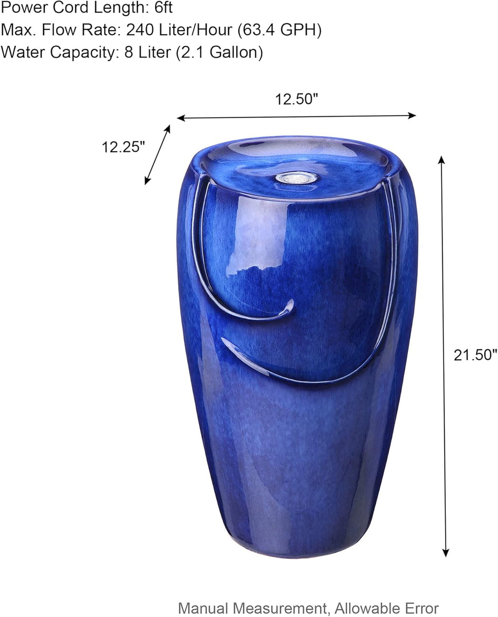 Glitzhome Ceramic Vase Outdoor Water Fountain Tall Patio Garden Water Fountain with LED Light and Submersible Pump Yard Art Decor, 20.5”H, Blue