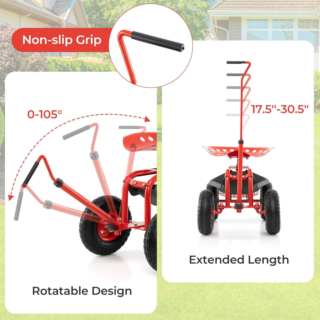 Rolling Garden Seat, Garden Stool with Wheels, Extendable Handle, Storage Basket & Tool Tray, Garden Scooter with 360 Degree Swivel Seat for Outdoor, Garden & Yard (Red)