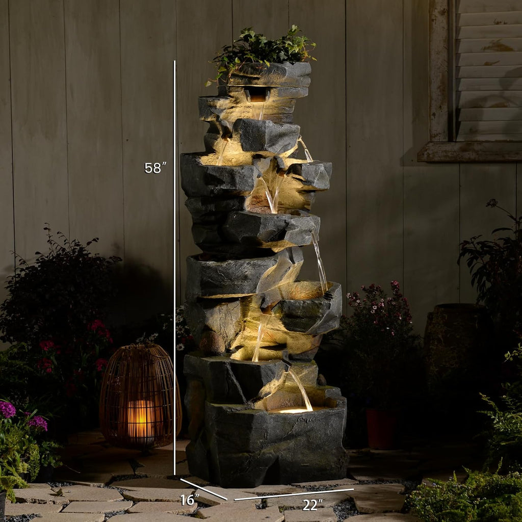 58Inch Outdoor Garden Water Fountain 6 Tiers Large Cascading Rock Natural Waterfall Outdoor Fountain with LED Lights for Patio Porch Backyard Home Art Decor