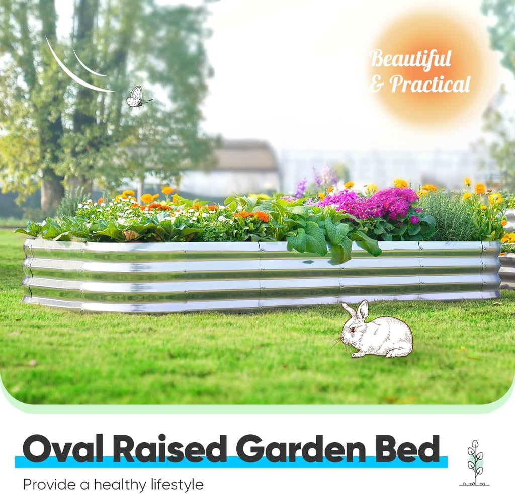 Quictent Galvanized Raised Garden Bed Kit, 6x3x1ft Oval Large Metal Outdoor Planting Box, Ground Planter Strengthened by Crossbar, Silver