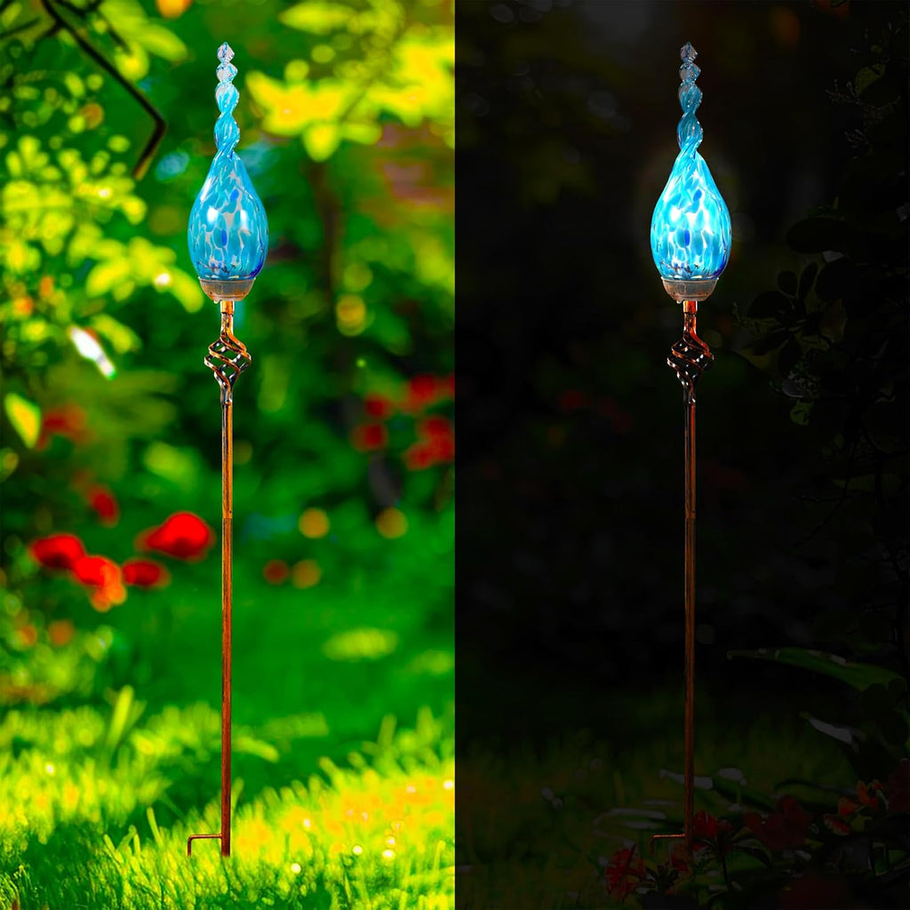 Garden Solar Light, Decorative LED Flame Garden Stakes, Hand Blown Glass and Metal Outdoor Decoration, 3 x 36 Inches (Light Blue)