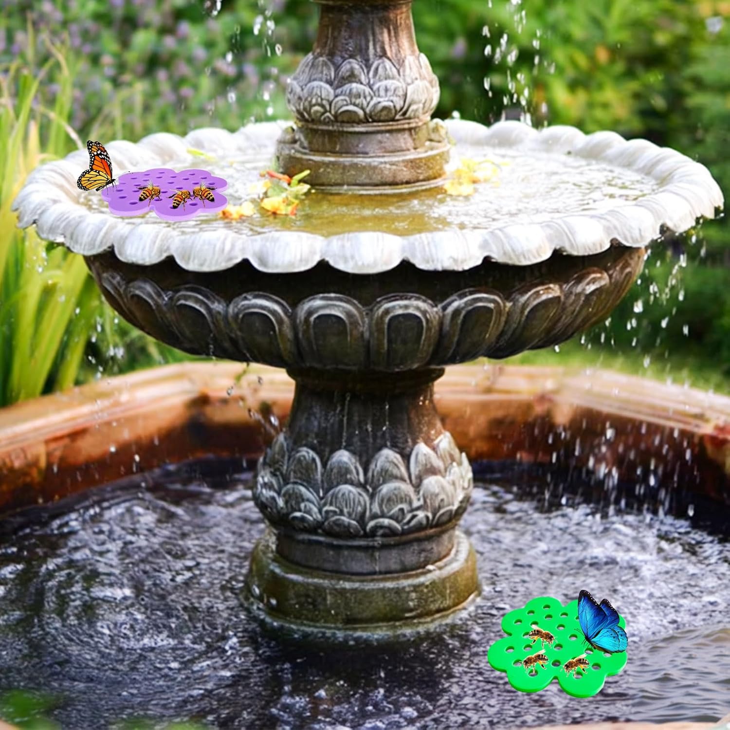 Bee Watering Station 8 Pcs for Garden, Butterfly Feeder with Bee Water, 4 Colors (Yellow/Green/Purple/Blue), 3X Faster Attraction Petal Texture, Zero-Drowning EVA Foam Hive Landing Safe