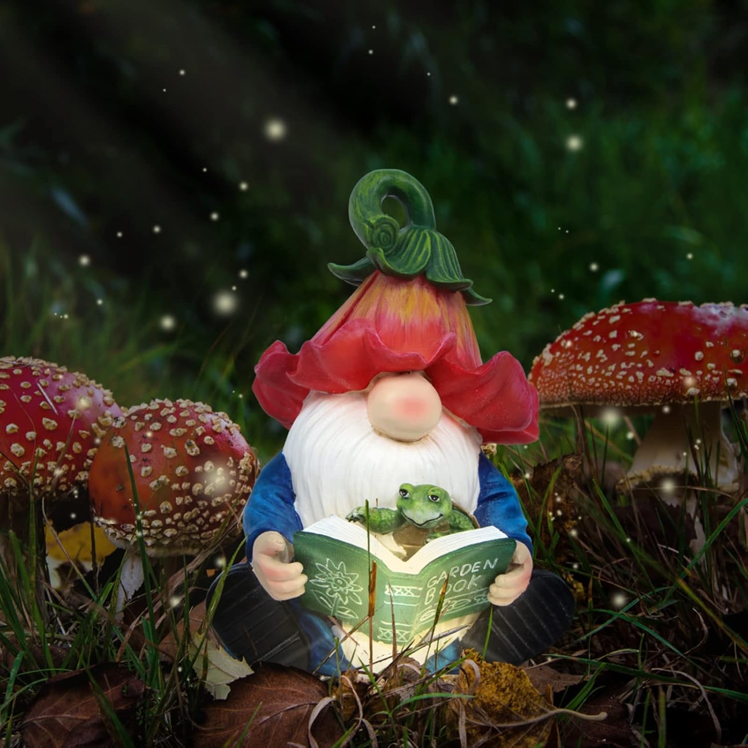 Garden Gnome Statue-Resin Gnome Figurine Hugging Turtle Reading Book with Solar LED Lights，Outdoor Summer Decorations for Patio Yard Lawn Porch,Garden Ornament Gift
