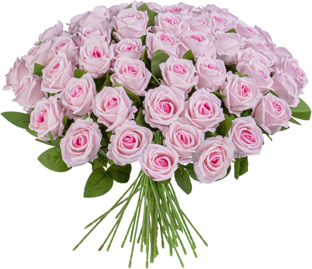 Fake Plants Roses Flowers Plastic Flowers Spring Decorations for Home Gifts for Gf Roses Artificial Flowers for Vase Fake Flowers Home Decor Fake Plant (Light Pink 50PCS)
