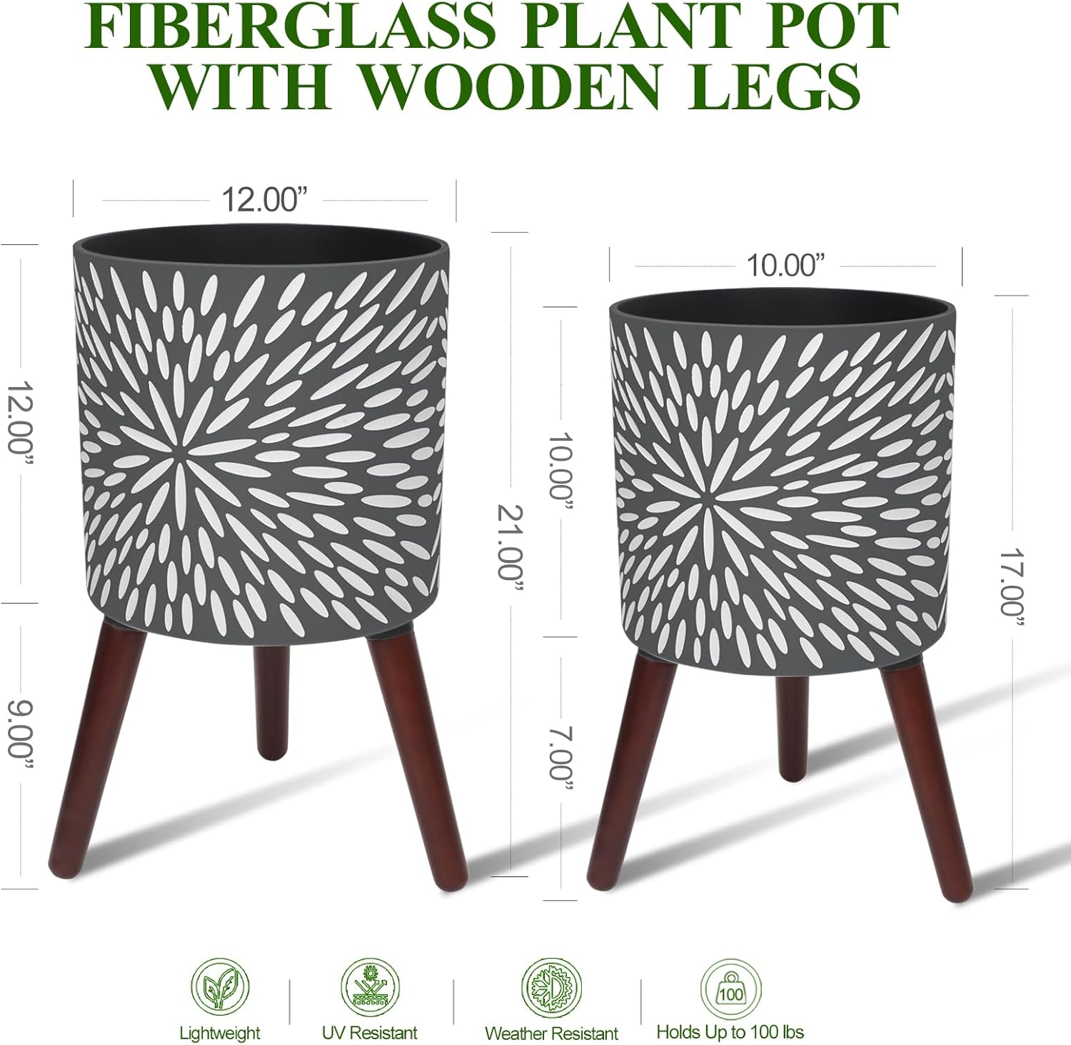 10 & 12 Inches Plant Pot with Stand Set of 2, Large Matte Gray Modern Planters for Indoor Outdoor Plants with Drainage Holes, Big Flower Pots with Wood Legs