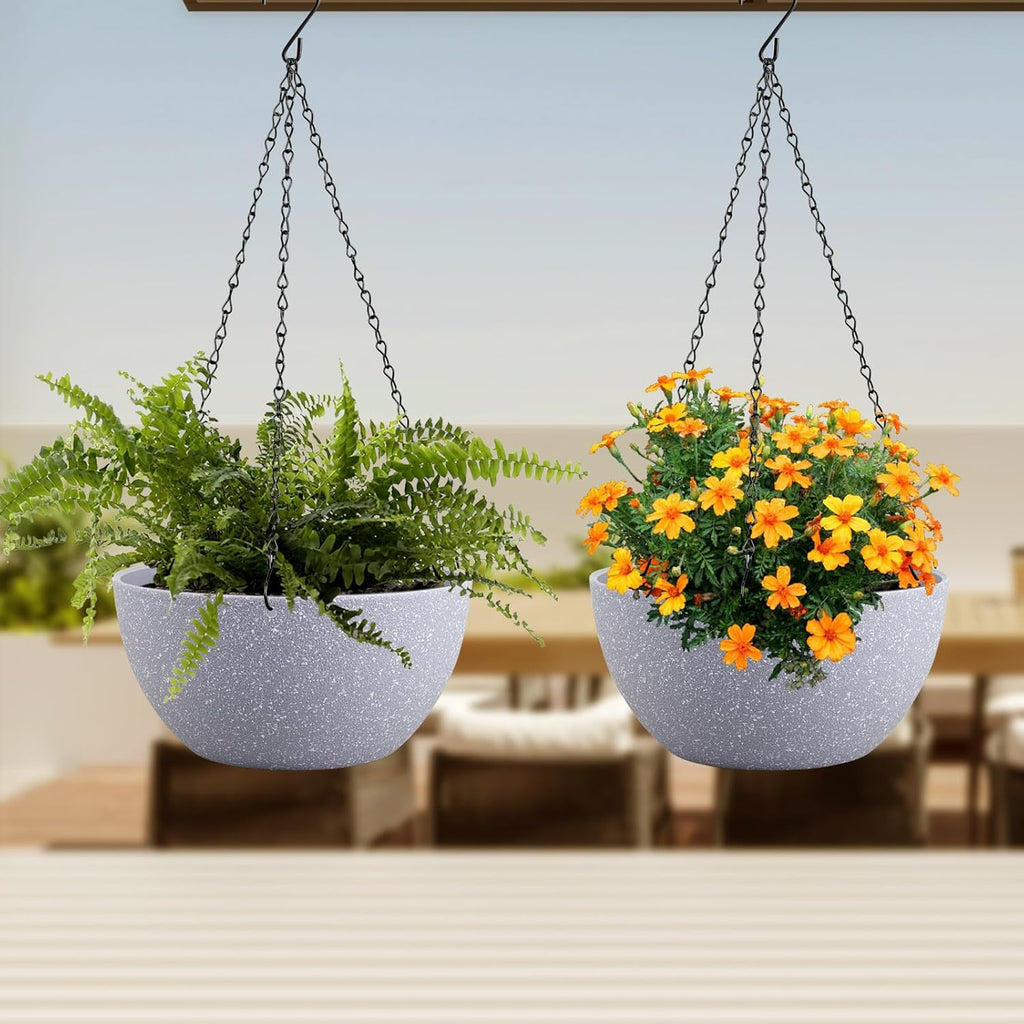 12 inch Large Hanging Planters for Indoor Outdoor Plants, 2 Pack Hanging Flower Pots with Drainage Holes and Chain for Garden Porch, Plastic Hanging Baskets for House Plants, Speckled Grey