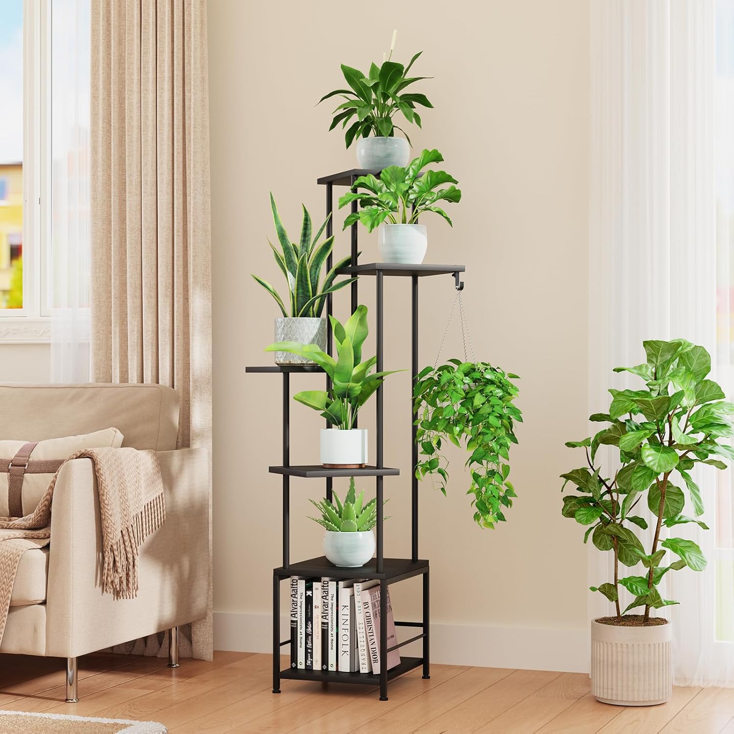 Plant Stand Indoor with Grow Light, 6-Tiered Tall Plant Stand Indoor, Metal Plant Shelf with Hanging Basket Hook and Adjustable Light, Ideal for Living Room, Garden, Patio, Black