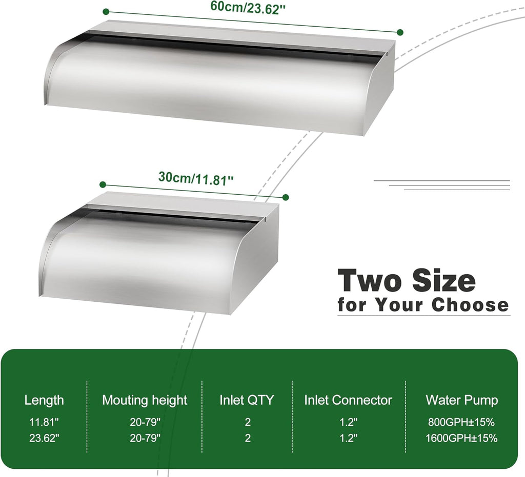 Pool Fountain Waterfall Spillway with Wider Water Flow Platform, Stainless Steel Waterfall with Pipe Connector Kits, Water Feature Spillway for Garden Decor, Patio, Ponds, 11.8"x11.8"x3.9