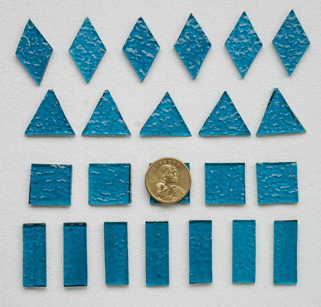 Large Size Textured Transparent Glass Mosaic Tiles, 200g Stained Glass Pieces for DIY Mosaic Crafts Bulk, 70pcs 4 Shapes Art Decor Mosaic Tiles, Turquoise Blue