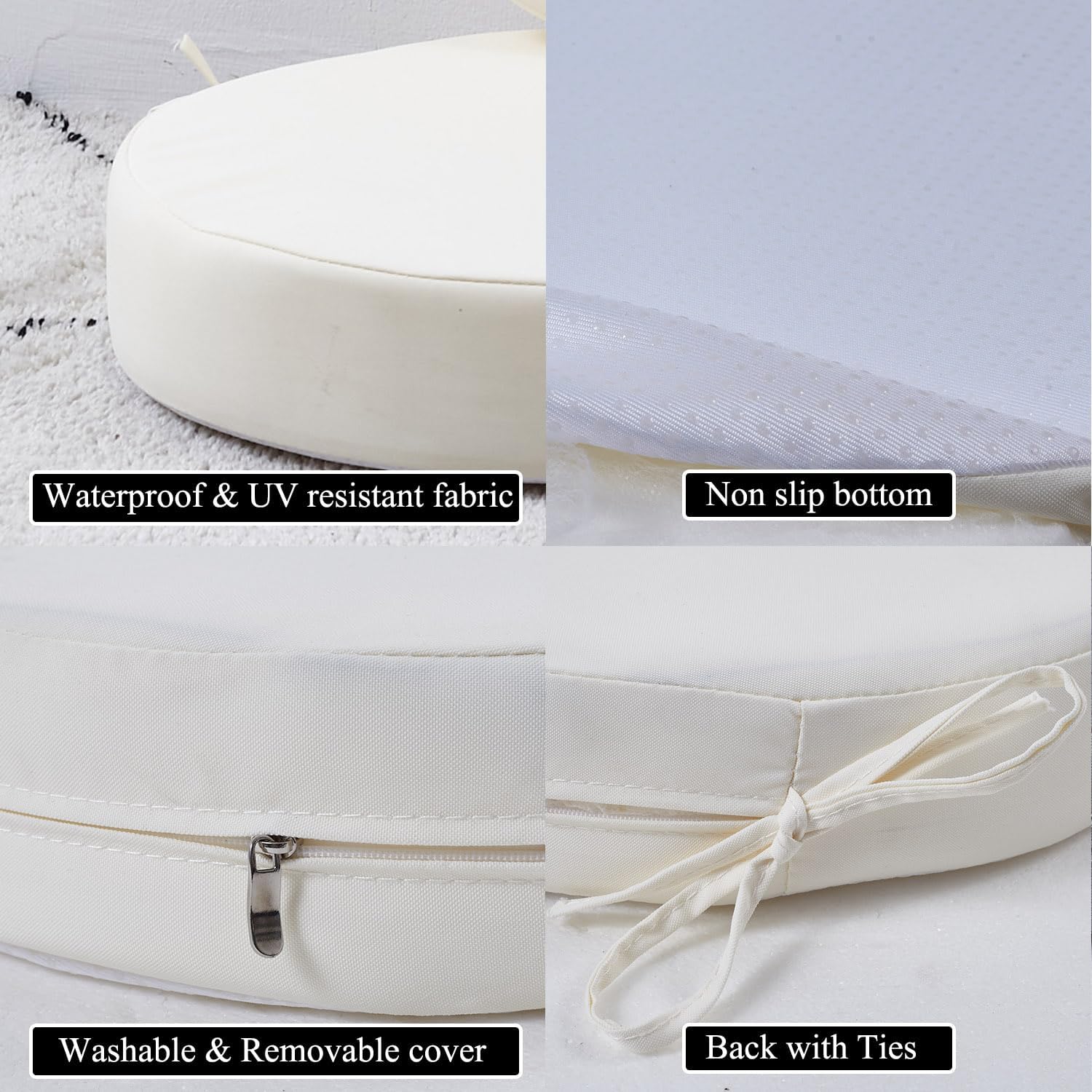 15 x 15 Inch Round Cushions for Outdoor Furniture Non-Slip Waterproof Patio Bistro Chair Cushion with Ties Bar Stool Seat Cushion for Kitchen Chairs Set of 2, Beige