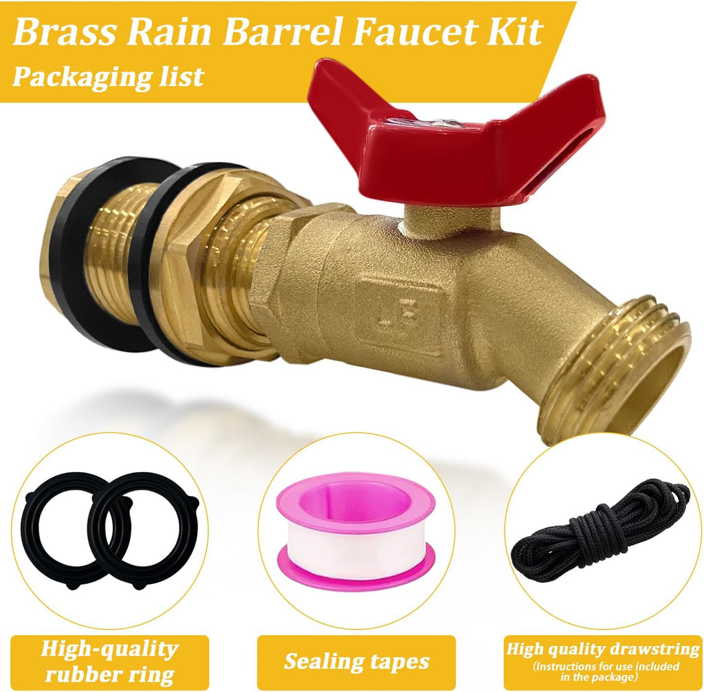 Brass Water Container Rain Barrel Faucets Lead-Free Spigot Kit 3/4" GHT Brass Rain Barrel Quarter Turn Ball Valve Spigot with Bulkhead Fitting Suitable for Garden Hose Thread Connection