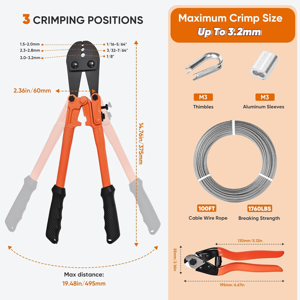 100FT 1/8" Stainless Steel Cable with Wire Rope Crimping Tool and Cable Cutter, 1760 lbs Breaking Strength, 7x7 Strands Aircraft Cable for Deck Railing, Porch Fence, String Light