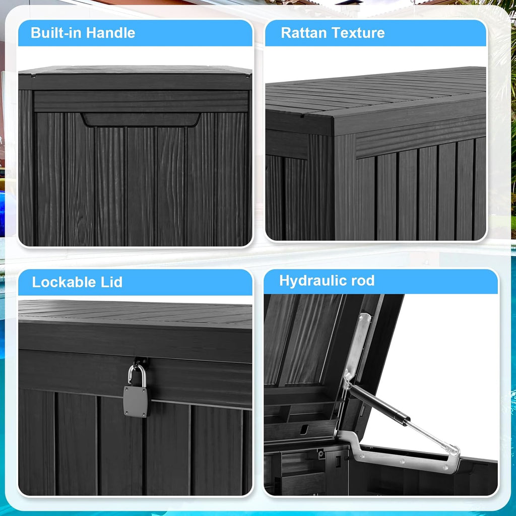 180 Gallon Outdoor Deck Box,Storage Lockable Waterproof Patio Furniture,Garden Tools,Cushions,Pool Accessories Outside Storage Resin Box(Black)