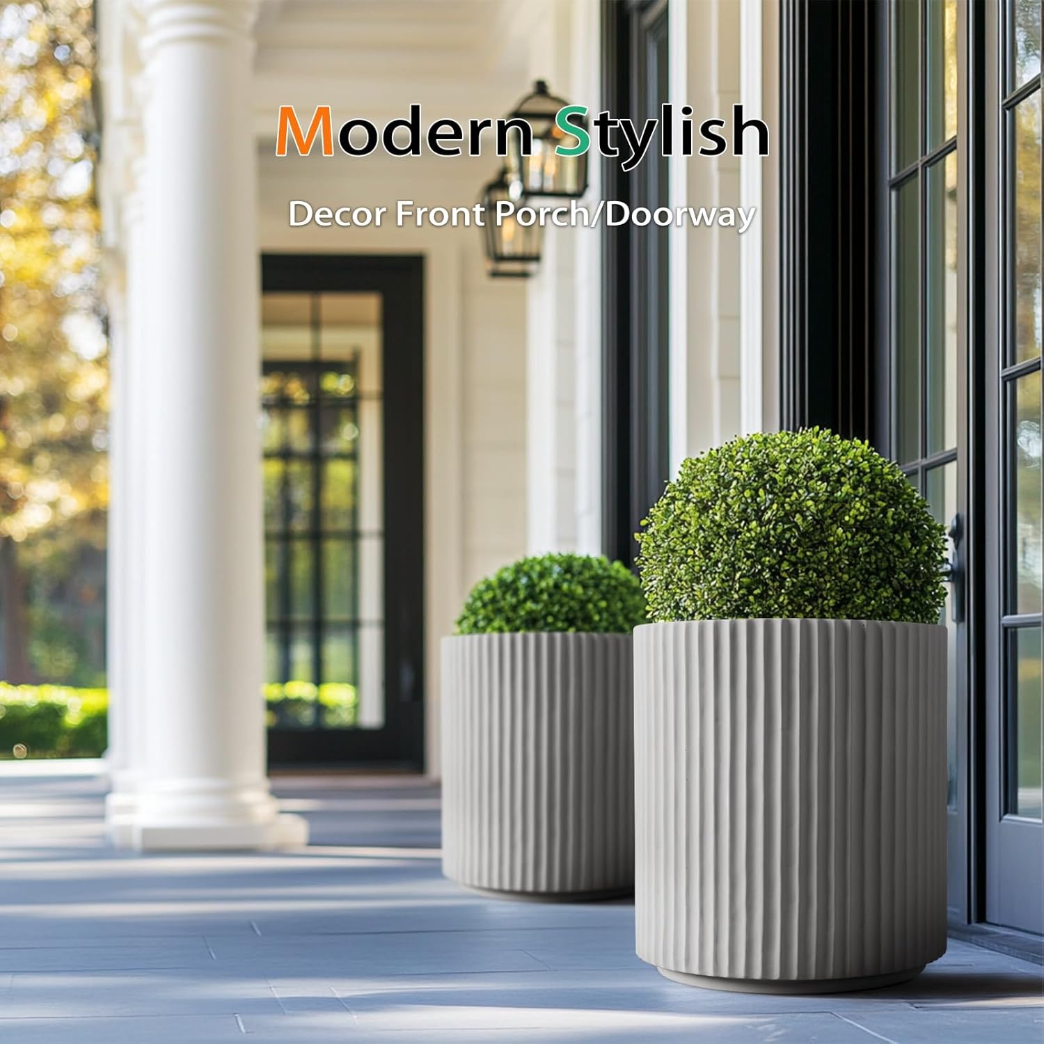 Round Concrete Planter Outdoor Indoor, Large Cement Plant Pots for Flowers (Vertical Gray, 16 inch)