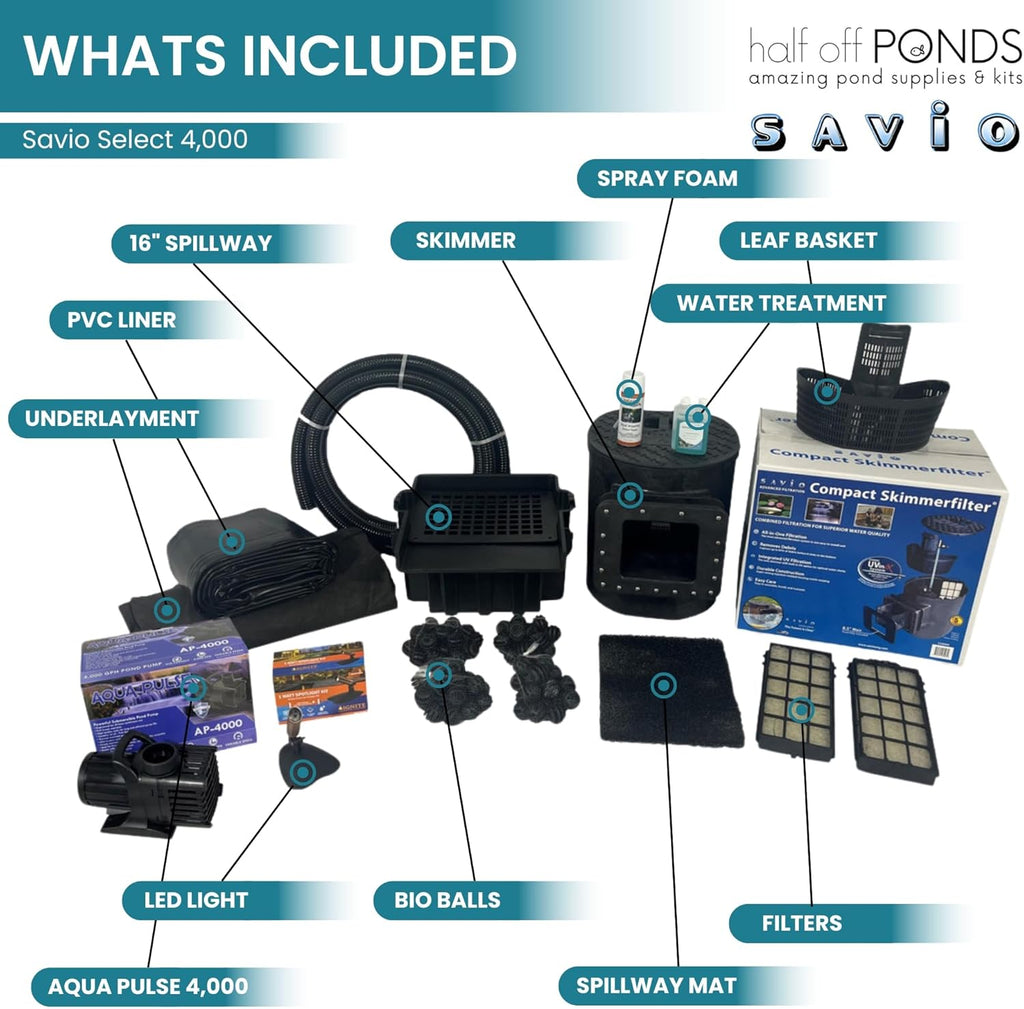 HALF OFF PONDS Savio Select 4,000 GPH Submersible Pump Pond Kit with 15' x 25' PVC Plastic Pond Liner for Water Garden & Koi Pond