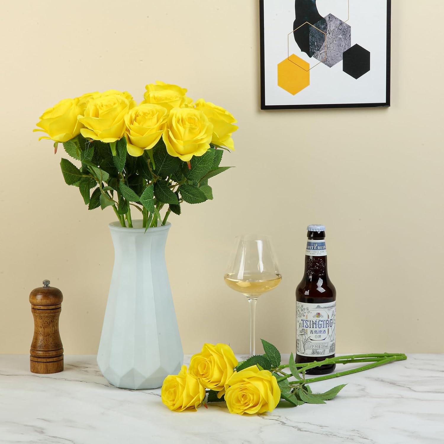 12pcs Yellow Roses Artificial Flowers Fake Roses Silk Flowers Roses with Long Stems for Wedding Home Party Centerpieces Decorations