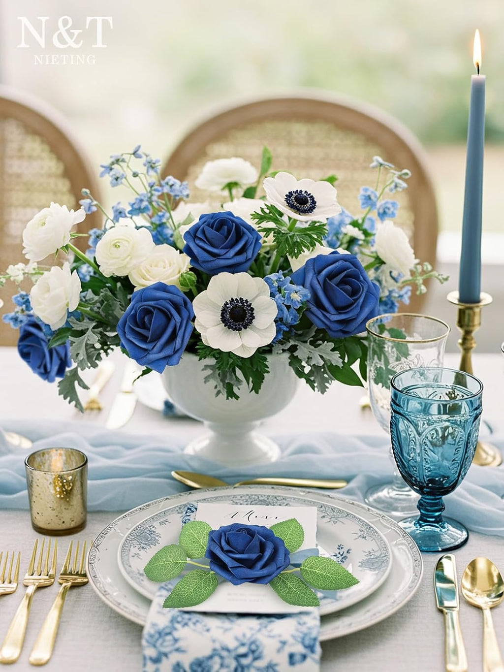 N&T NIETING Artificial Flowers Roses 25Pcs Fake Flowers Foam Roses with Stems for Halloween DIY Wedding Bridesmaid Bridal Bouquets Centerpieces Party Home Decoration Baby Shower, Navy Blue