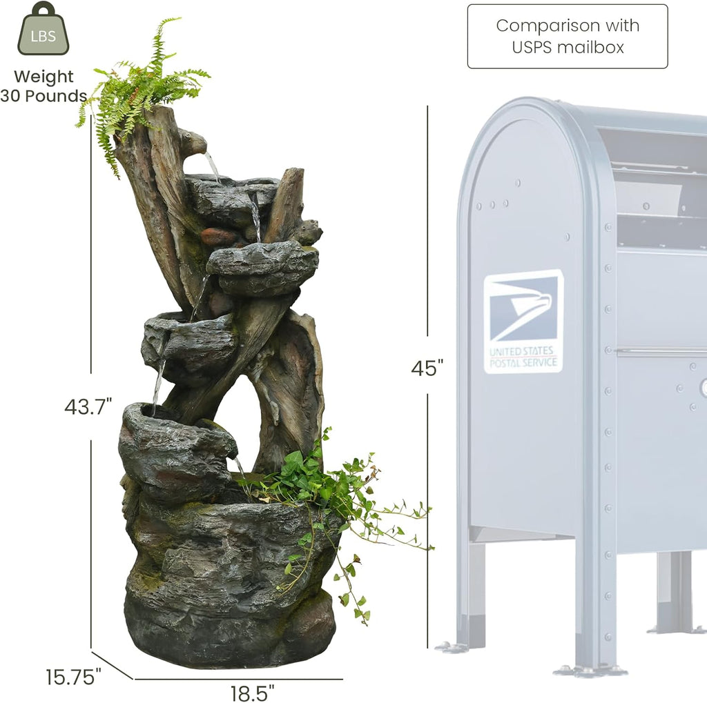 Outdoor Cascading Water Fountain Garden, 43.7'' Resin Tree Trunk & Rock Design Garden Waterfall Feature with LED Lights for Patio, Porch, Backyard and Home Decor, Gift