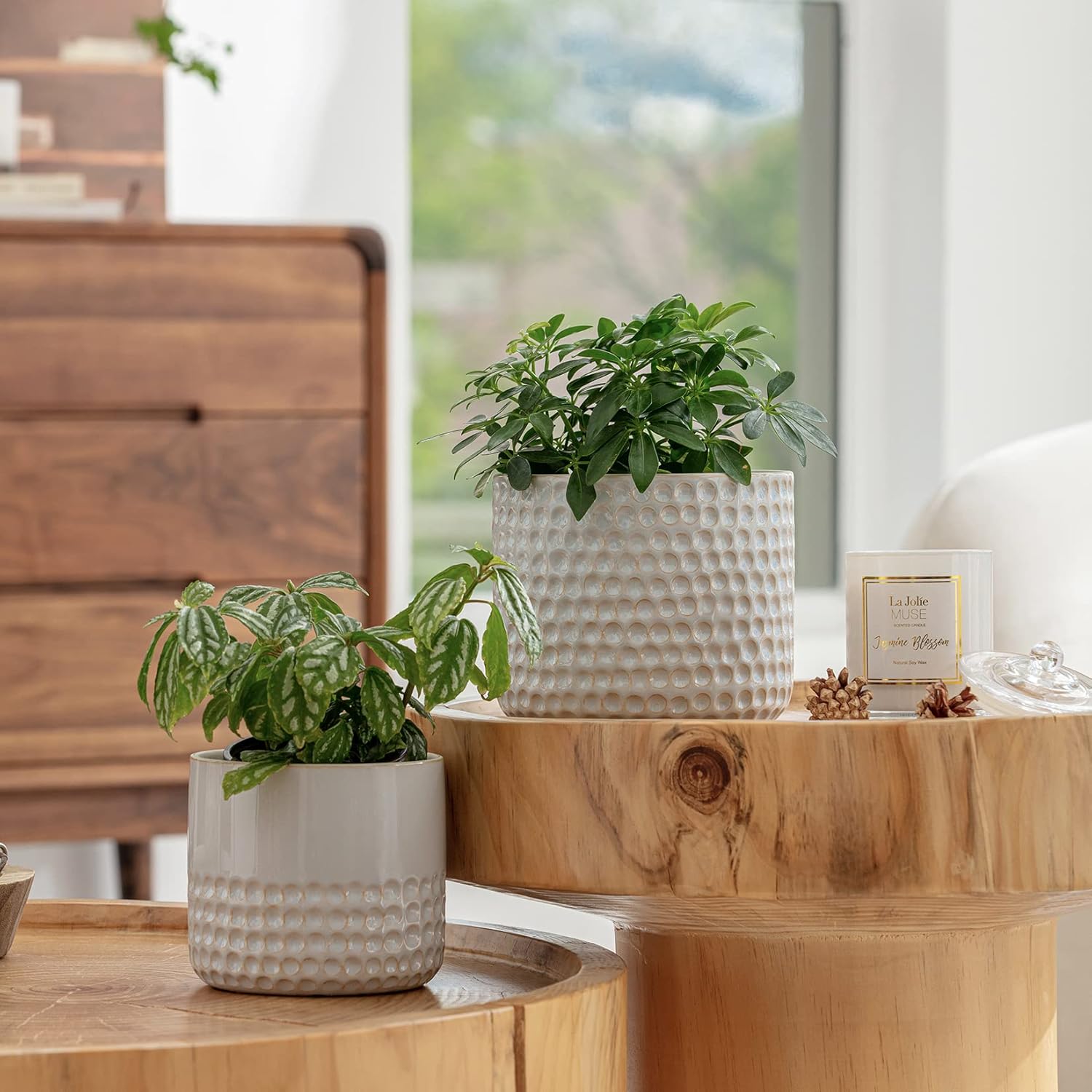 La Jolie Muse Ceramic Planter - 6.7+5.5 Inch Concave Dot Patterned Cylinder Flower Pot W/ Drain Hole for Indoor, Set of 2, Glacier Gray