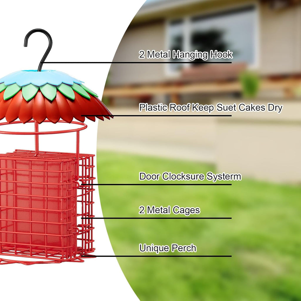 Suet Feeder Double with Weather Guard & Ant Moat, Skaithee Bird Feeders for Outdoors Hanging with 2 Holders Keep Cakes Clean & Fresh Attracts Wild Birds Great for Woodpecker & Clinging Birds, Red